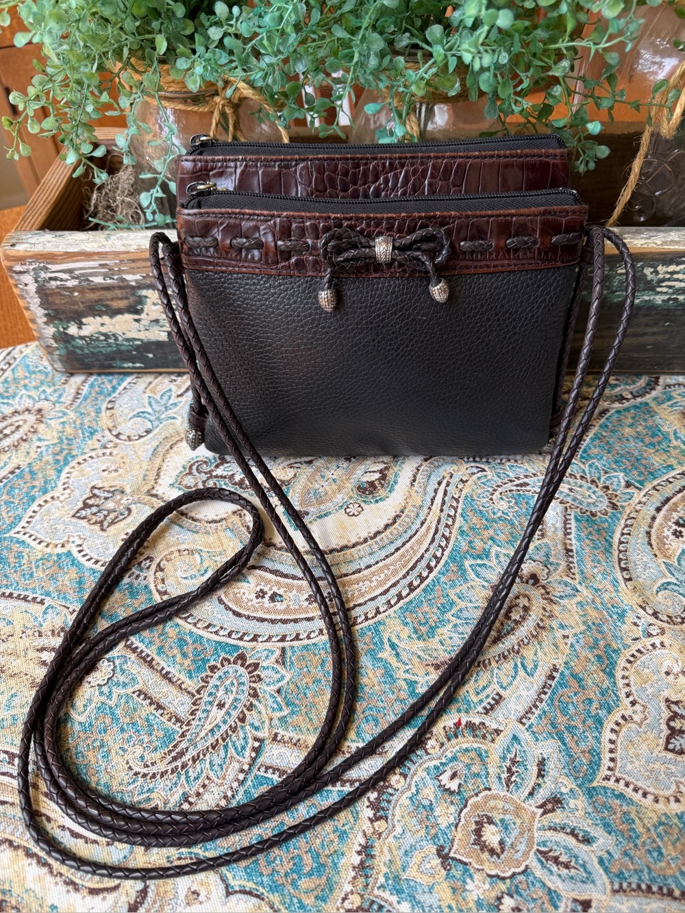 Brighton Vintage Emma Leather Organizer Crossbody Bag Black Brown Croc